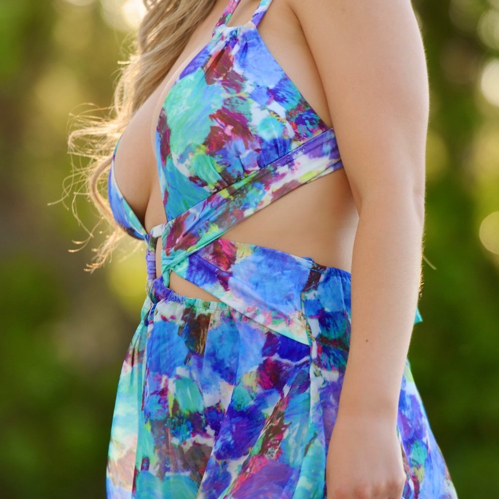 multi colored cut out deep v maxi dress tropic vacation resort wear ring accent - Picture 7 of 7